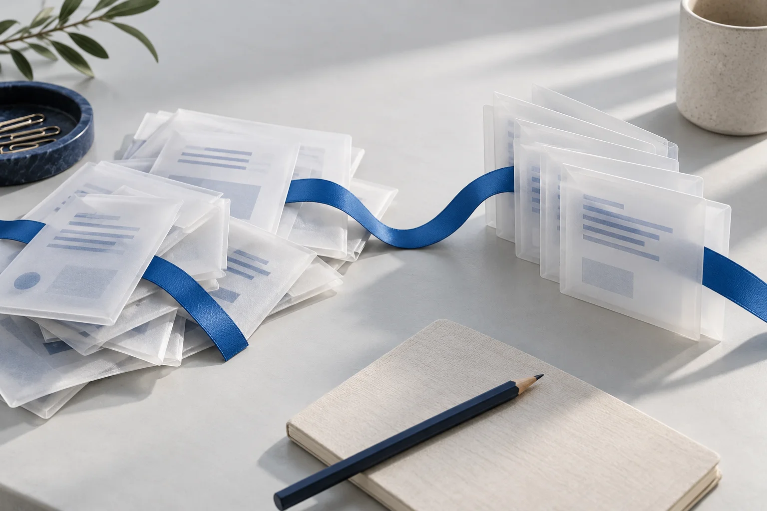 Illustrazione concettuale: documenti collegati da un nastro blu passano da un gruppo disordinato a uno ordinato