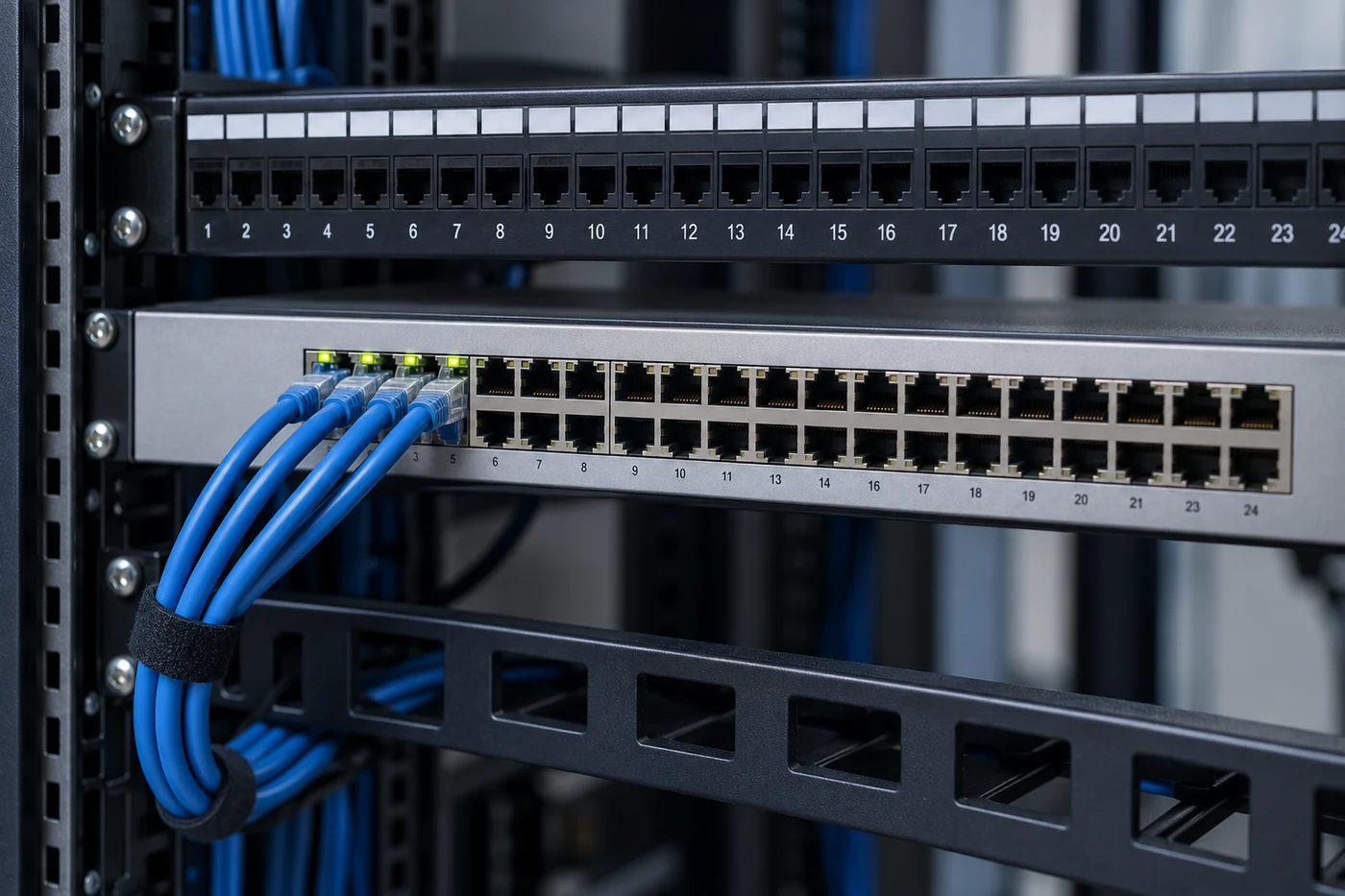 Switch di rete in un rack con cavi Ethernet collegati